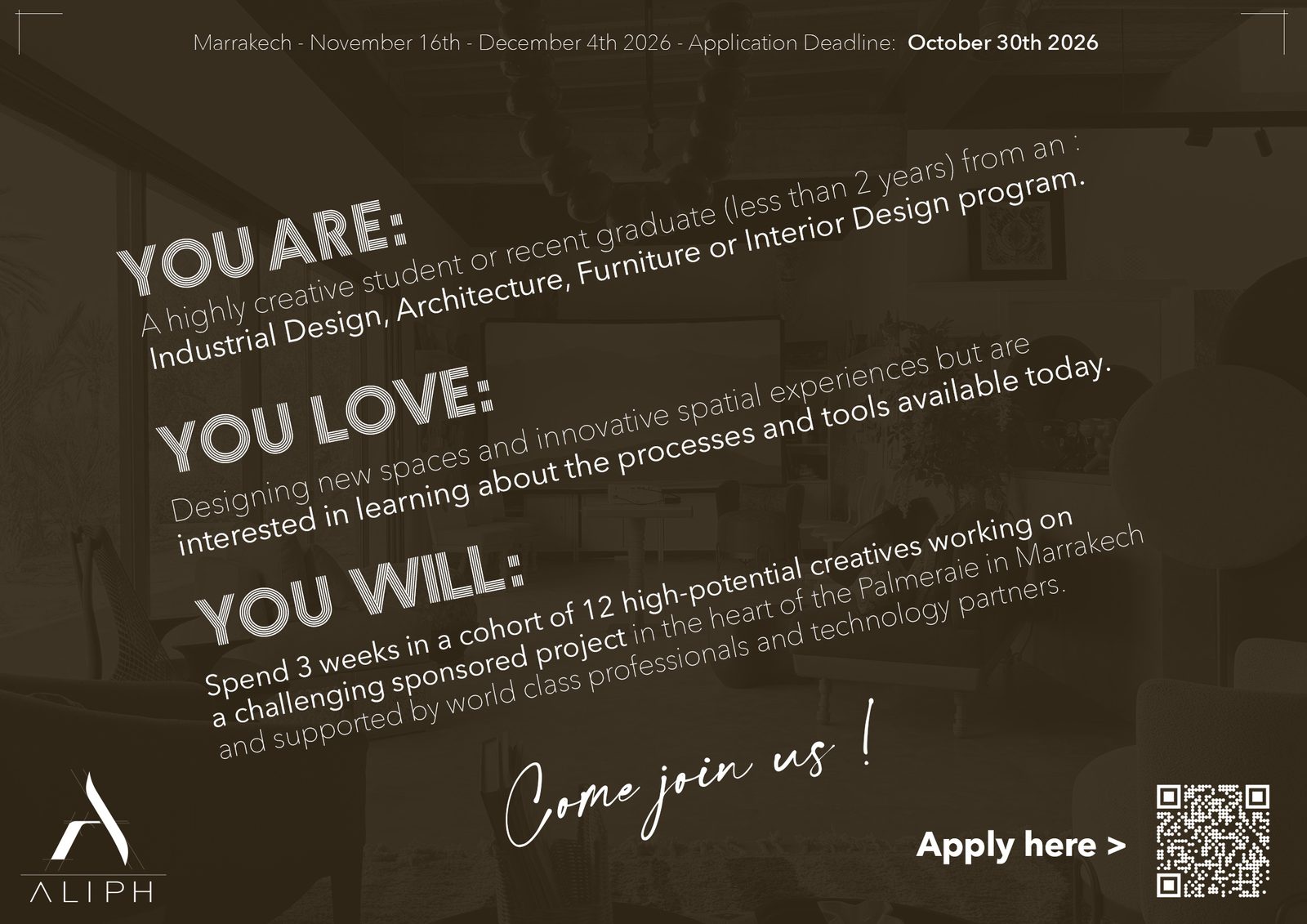 Poster back: You are, you love, you will. Marrakech, 16 November to 4 December 2026, application deadline 30 October 2026